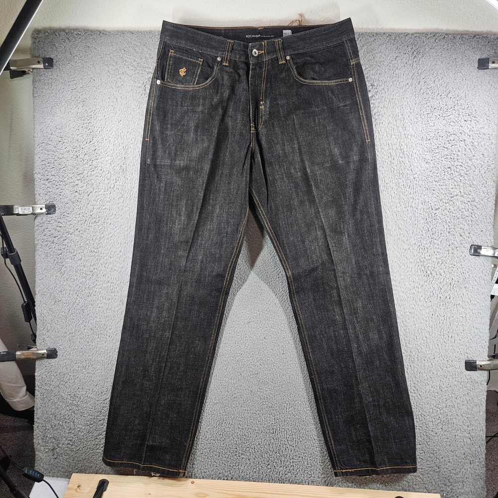 Rocawear Mens Regular Fit Dark Wash Denim Jeans Embroidered Logo Size 38x34